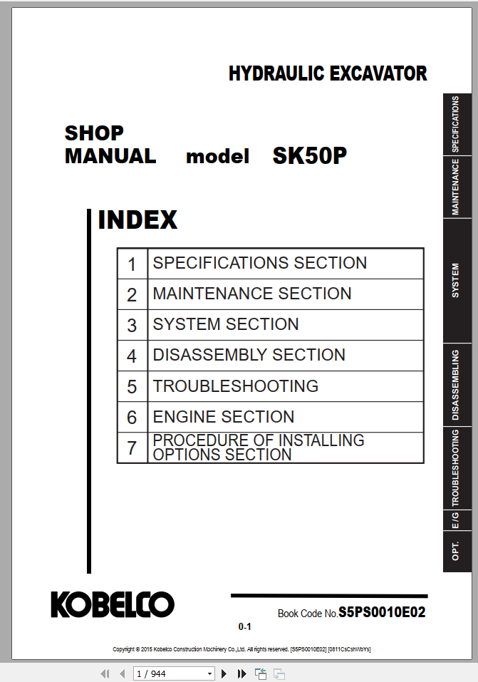 Kobelco Hydraulic Excavator SK35SR 6E Shop Manual S5PV0028E02 4 1