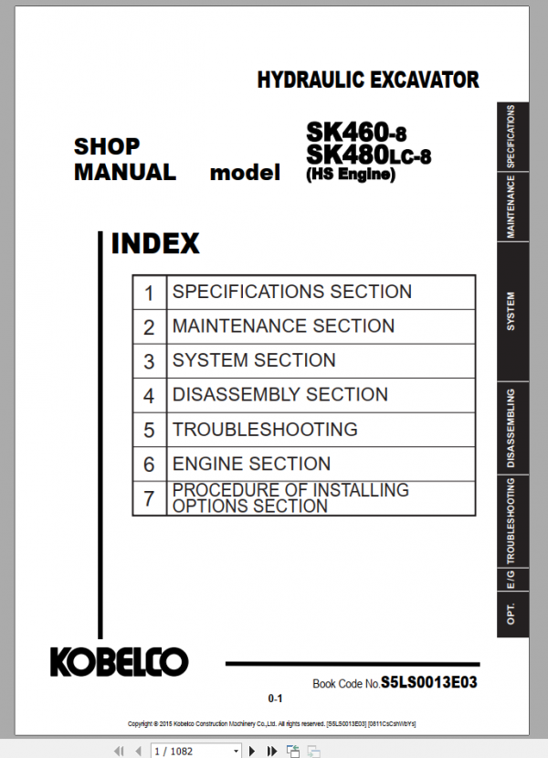 Kobelco Hydraulic Excavator SK460 78 SK480LC 8 Shop Manual S5LS0013E03 1