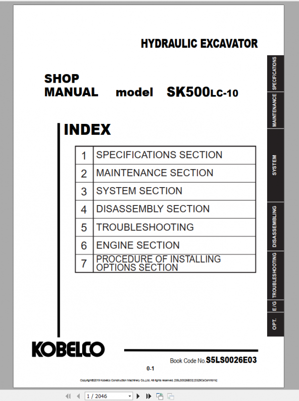 Kobelco Hydraulic Excavator SK500LC 10 ANZ 2019 Shop Manual S5LS0028E03 3 1
