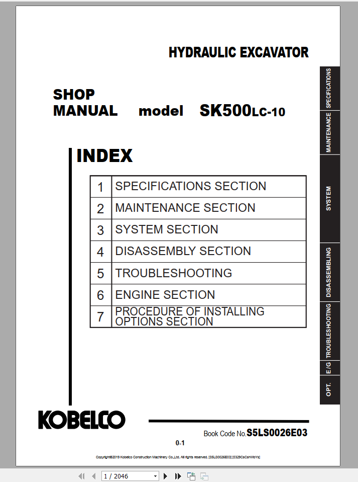 Kobelco Hydraulic Excavator SK500LC 10 ANZ 2019 Shop Manual S5LS0028E03 3 1