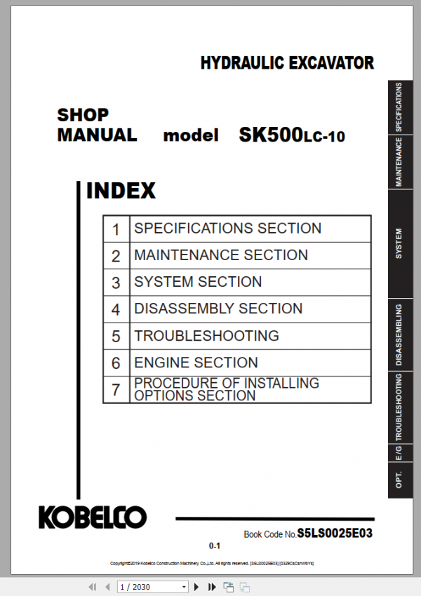 Kobelco Hydraulic Excavator SK500LC 10 NA 2019 Shop Manual S5LS0025E03 1