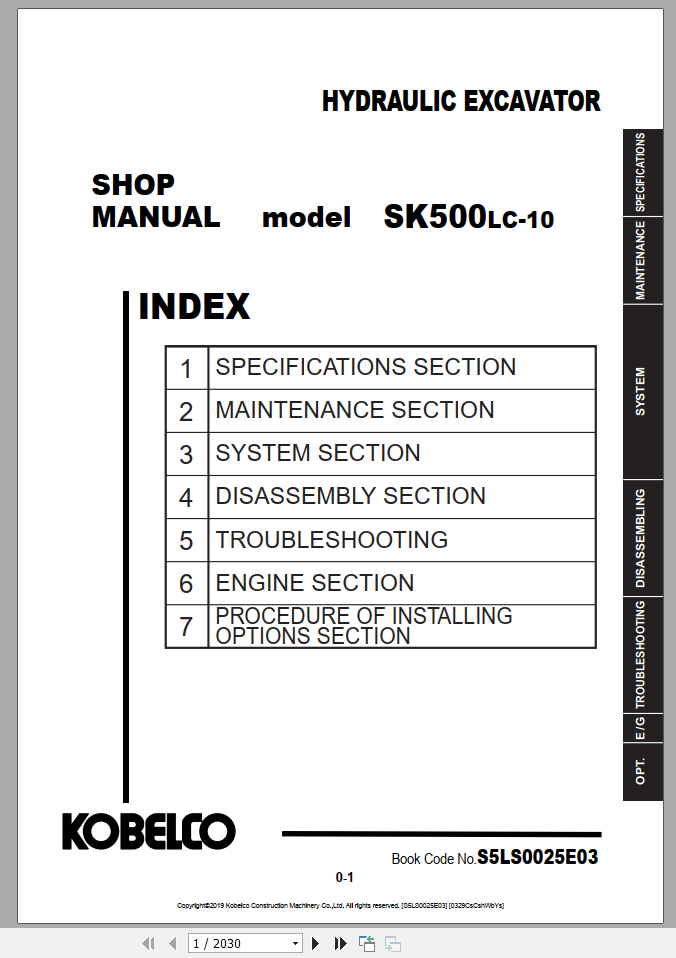 Kobelco Hydraulic Excavator SK500LC 10 NA 2019 Shop Manual S5LS0025E03 1