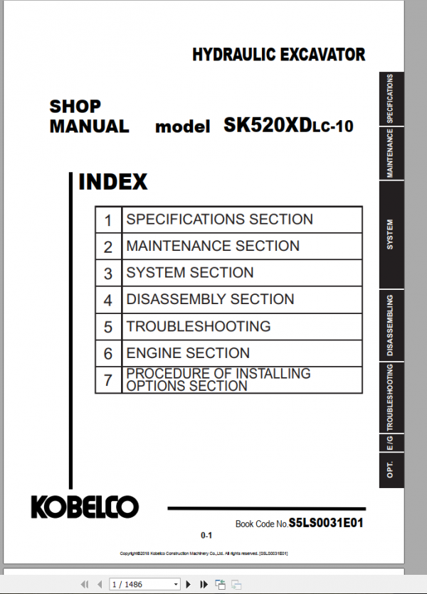 Kobelco Hydraulic Excavator SK500LC 10 NA 2019 Shop Manual S5LS0025E03 3 1