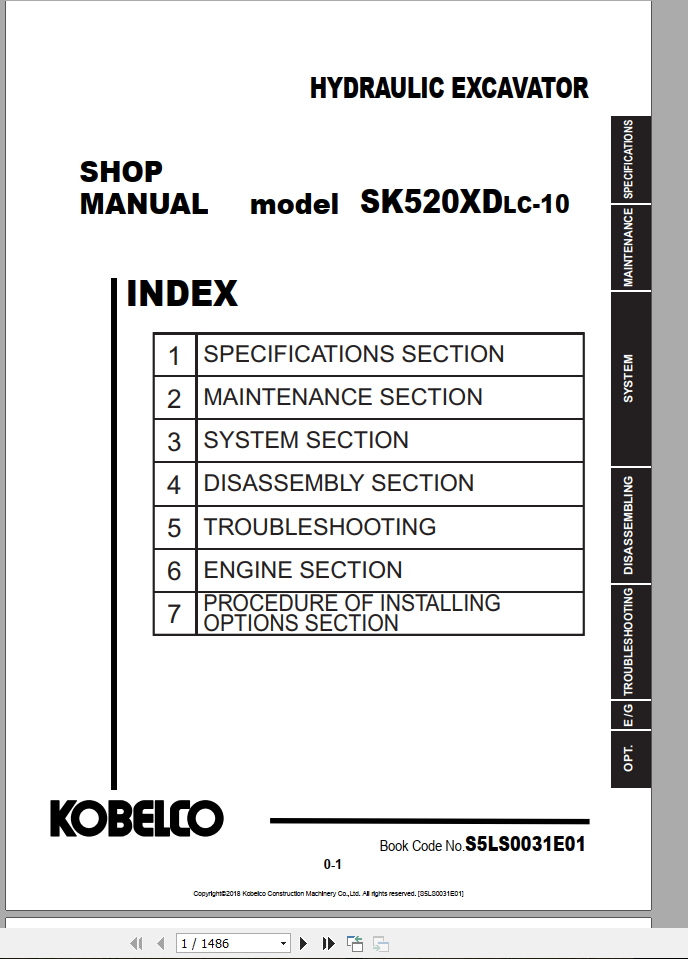 Kobelco Hydraulic Excavator SK500LC 10 NA 2019 Shop Manual S5LS0025E03 3 1
