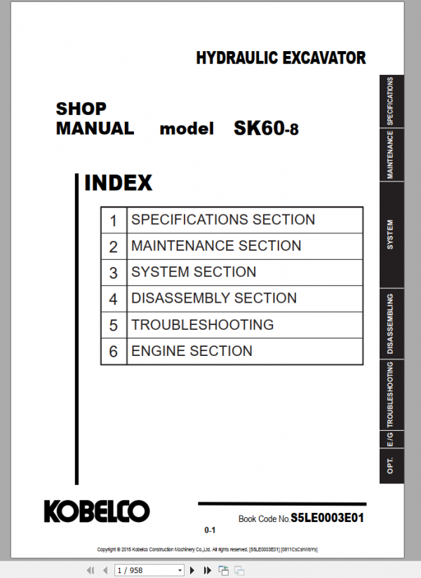 Kobelco Hydraulic Excavator SK60 8 TLn Shop Manual S5LE0003E01 1