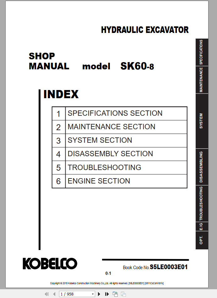 Kobelco Hydraulic Excavator SK60 8 TLn Shop Manual S5LE0003E01 1