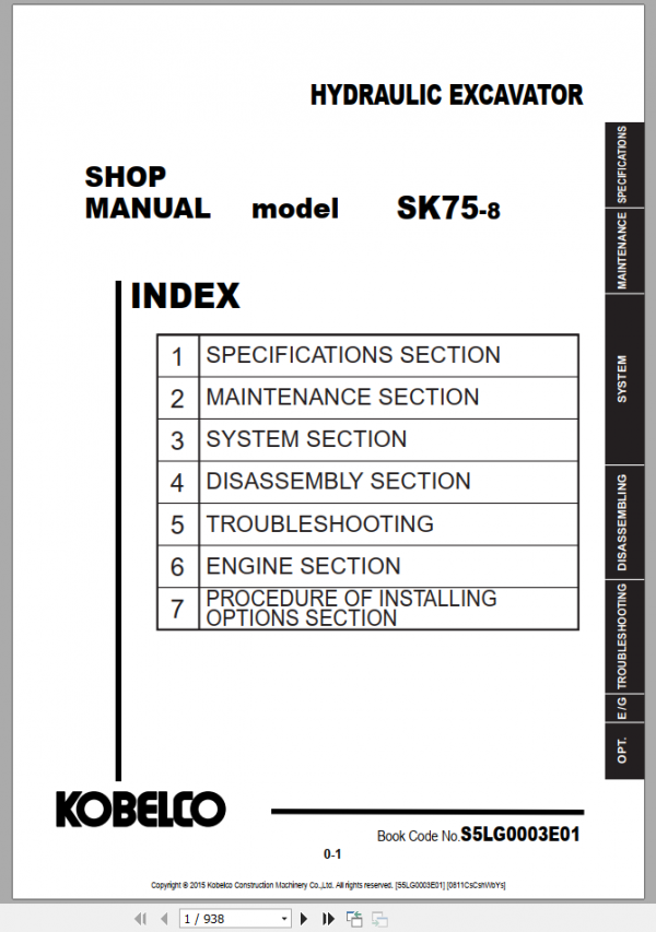 Kobelco Hydraulic Excavator SK75 8 Shop Manual S5LG0003E01 1