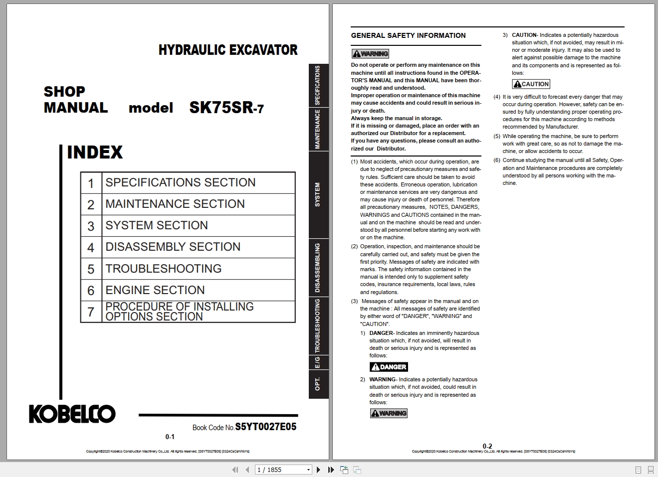 Kobelco Hydraulic Excavator SK75SR 7 EU 2020 S5YT0027E05 Shop Manual 1