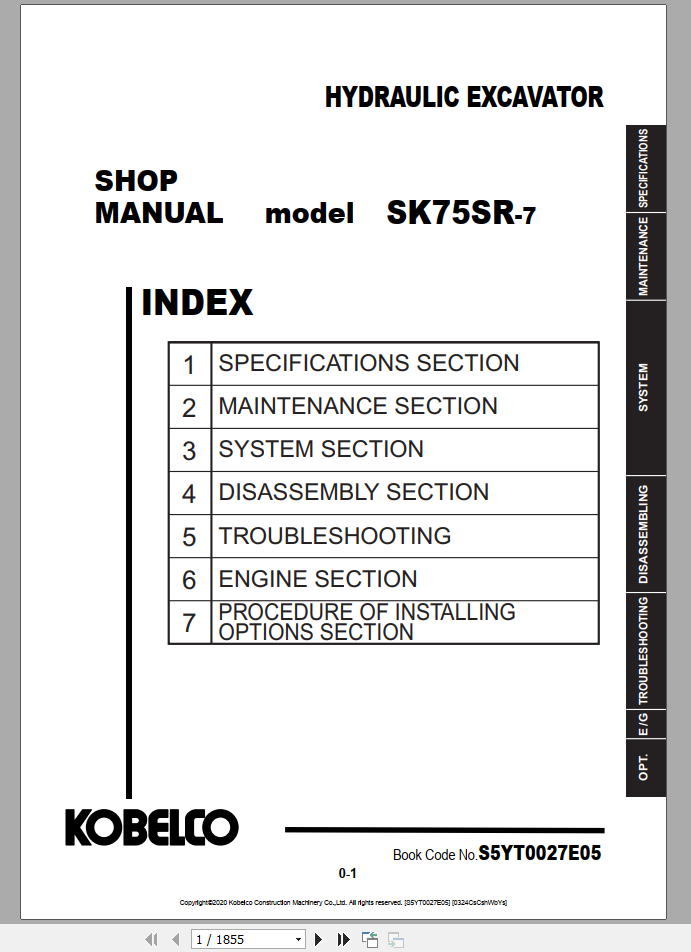 Kobelco Hydraulic Excavator SK75SR 7 EU Shop Manual S5YT0027E05 1