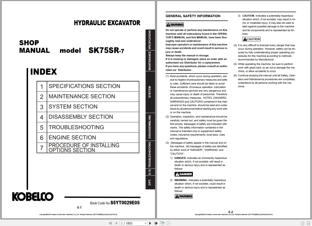 Kobelco Hydraulic Excavator SK75SR 7 NA 2019 S5YT0029E05 Shop Manual 1
