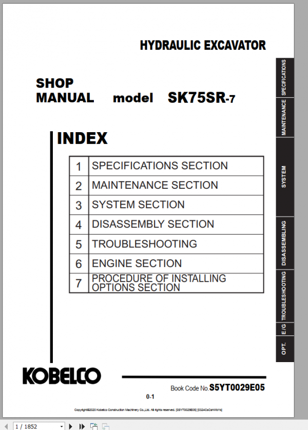 Kobelco Hydraulic Excavator SK75SR 7 NA Shop Manual S5YT0029E05 1