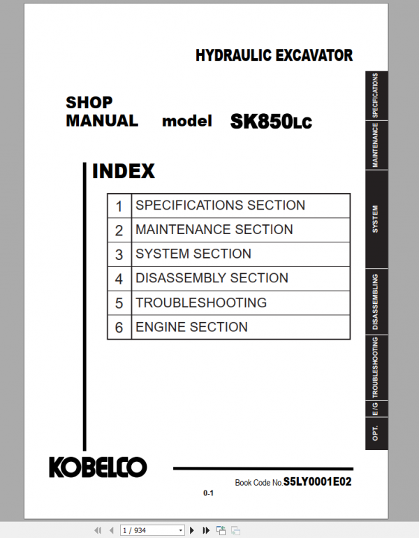 Kobelco Hydraulic Excavator SK850LC 8 NA Shop Manual S5LY0001E02 1