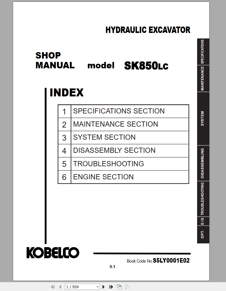 Kobelco Hydraulic Excavator SK850LC 8 NA Shop Manual S5LY0001E02 1