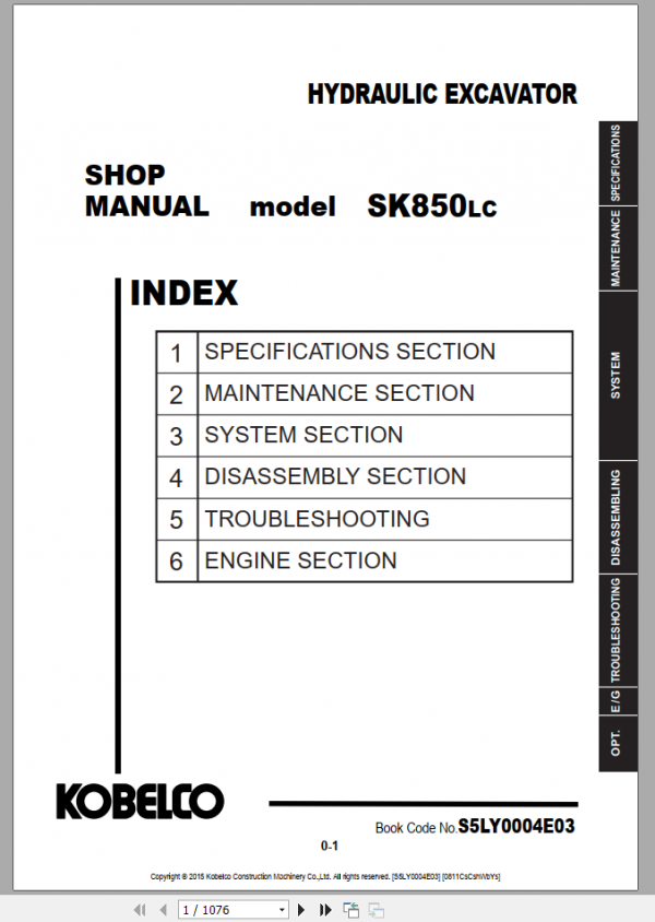 Kobelco Hydraulic Excavator SK850LC 8 SEAs IDn Shop Manual S5LY0004E03 1