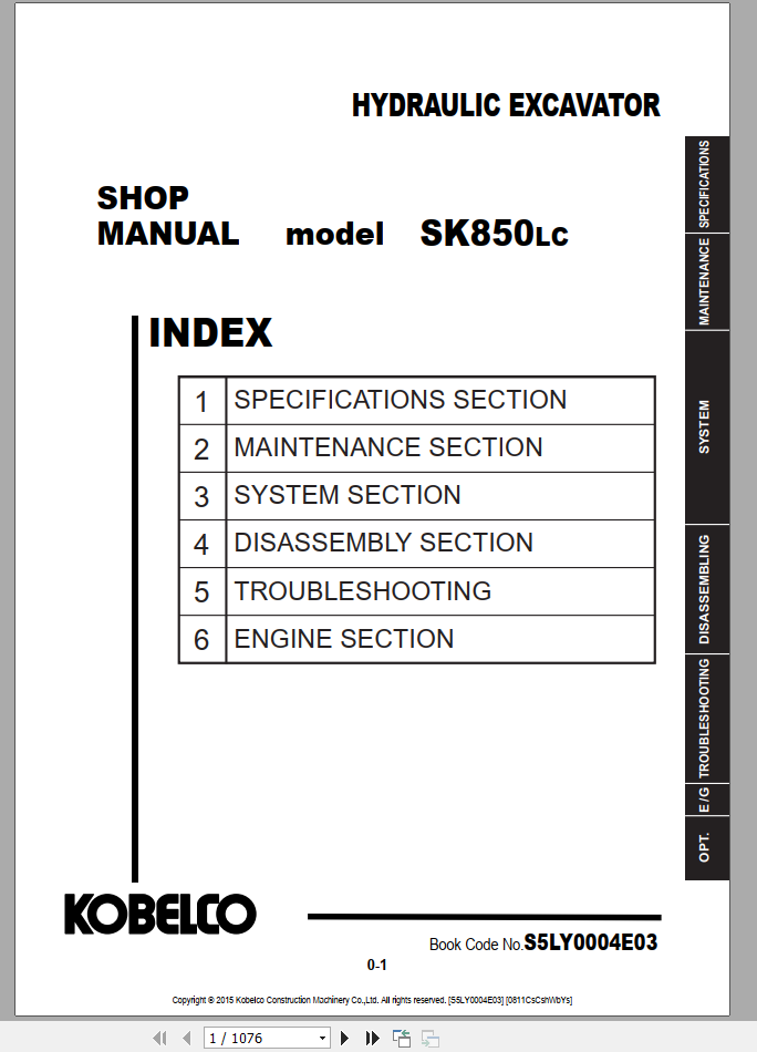 Kobelco Hydraulic Excavator SK850LC 8 SEAs IDn Shop Manual S5LY0004E03 3 1