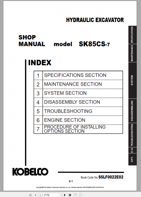 Kobelco Hydraulic Excavator SK85CS 7 EU Shop Manual S5LF0022E02 1