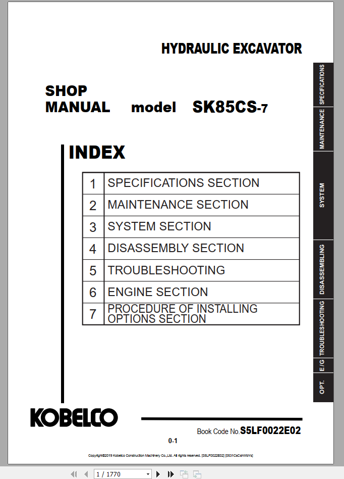 Kobelco Hydraulic Excavator SK85CS 7 EU Shop Manual S5LF0022E02 1