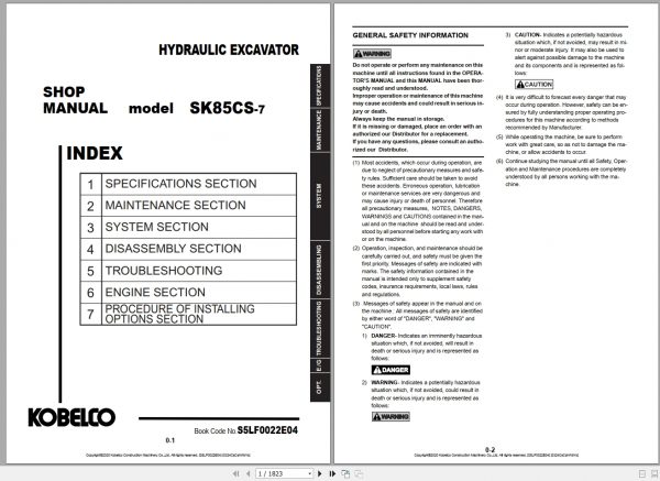 Kobelco Hydraulic Excavator SK85CS 7 NA 2019 S5LF0022E04 Shop Manual 1