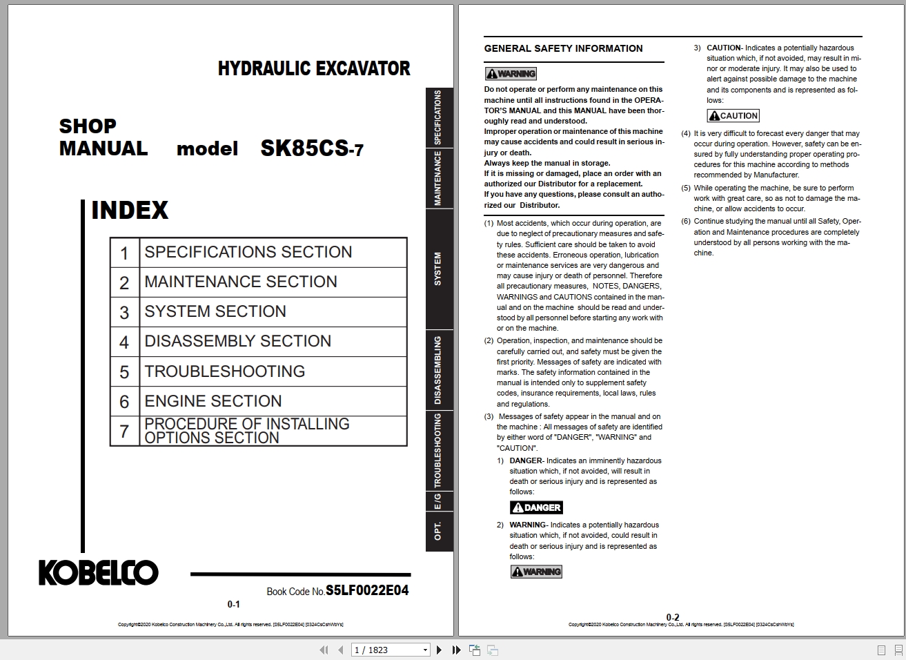 Kobelco Hydraulic Excavator SK85CS 7 NA 2019 S5LF0022E04 Shop Manual 1