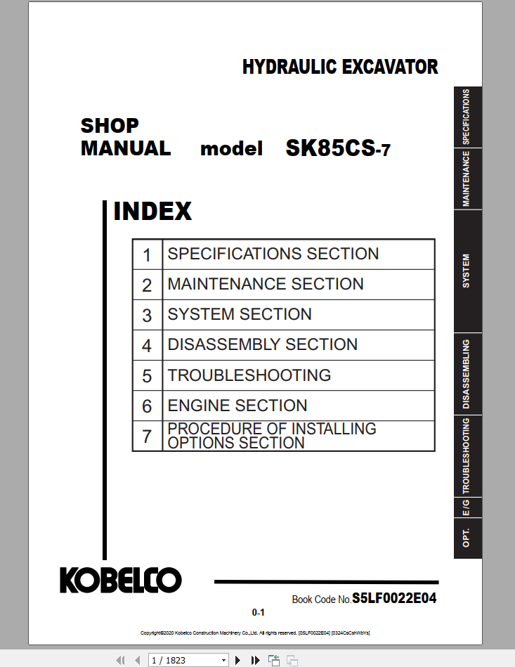 Kobelco Hydraulic Excavator SK85CS 7 NA Shop Manual S5LF0022E04 1