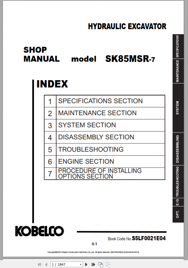 Kobelco Hydraulic Excavator SK85MSR 7 EU Shop Manual S5LF0021E04 1