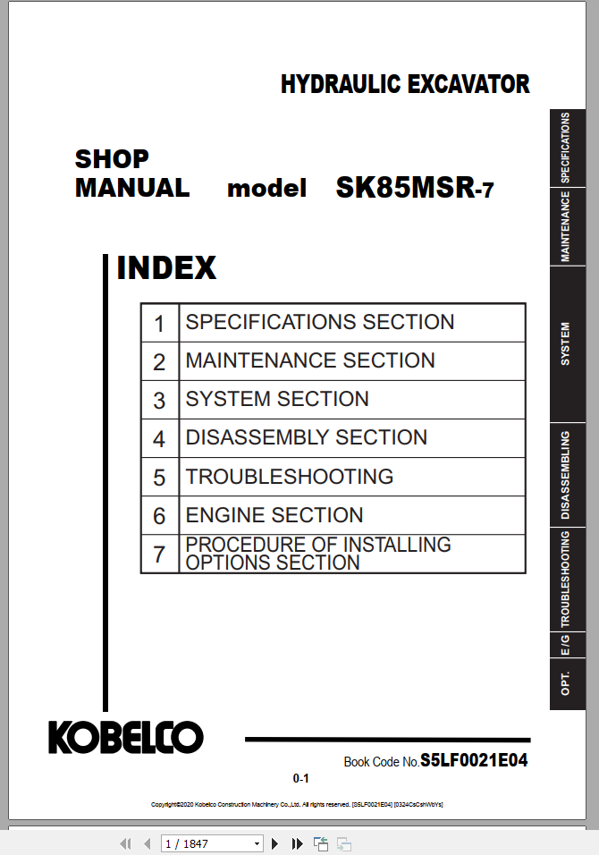 Kobelco Hydraulic Excavator SK85MSR 7 EU Shop Manual S5LF0021E04 1