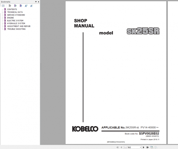 Kobelco Mini Excavator SK18 1E Shop Manual S5PA0009E01 2 1