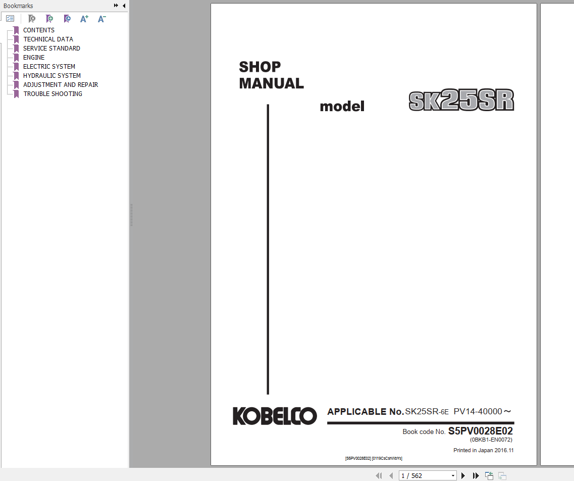 Kobelco Mini Excavator SK18 1E Shop Manual S5PA0009E01 2 1