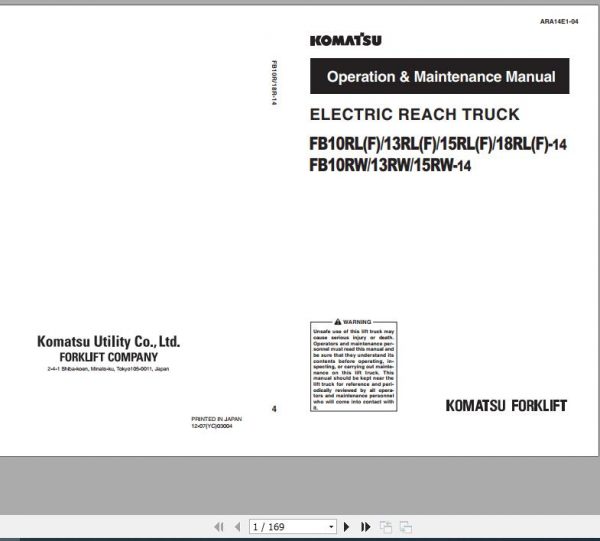 Komatsu Electric Reach Truck FB10 18RLF 14FB10 15RW 14 Operation Maintenace Manual ARA14E1 04 1