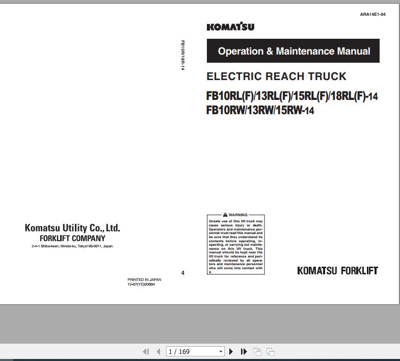Komatsu Electric Reach Truck FB10 18RLF 14FB10 15RW 14 Operation Maintenace Manual ARA14E1 04 1