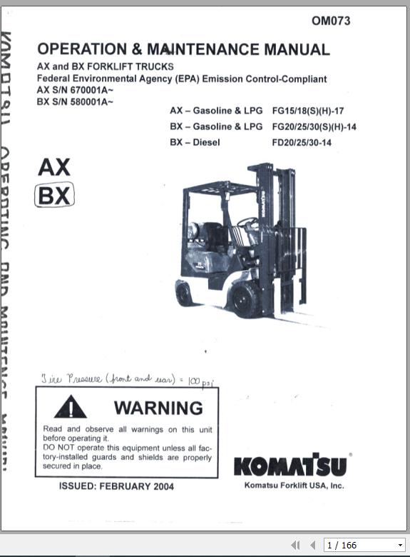 Komatsu Forklift Truck AX BX Series Operation Maintenance Manual OM073 1