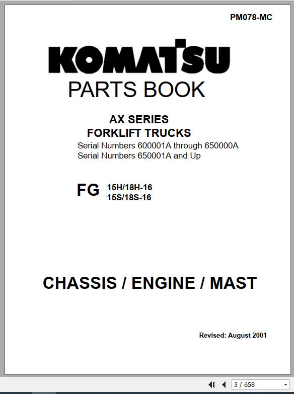 Komatsu Forklift Truck AX Series FG1518HS 16 Parts Book PM078 MC 1