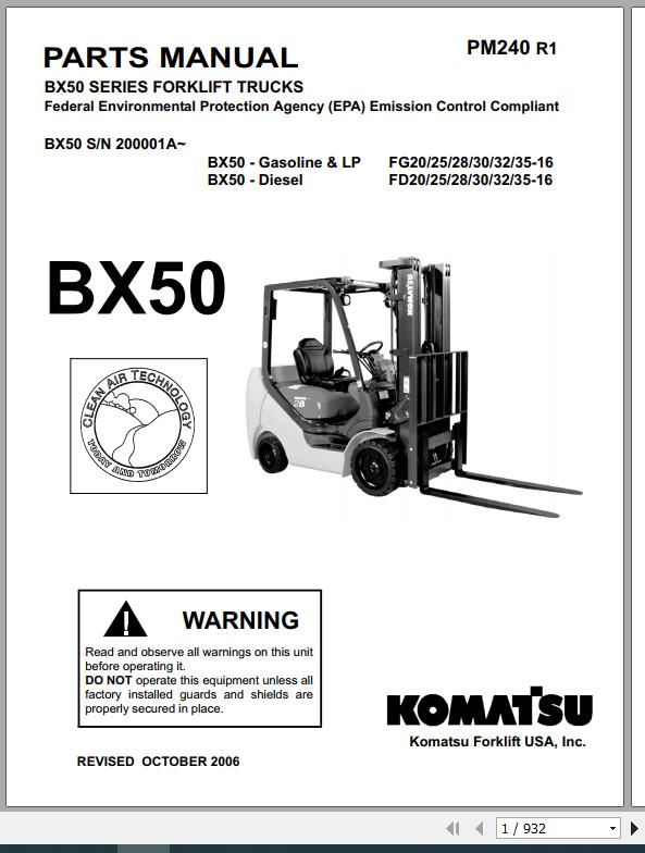 Komatsu Forklift Truck BX50 Series FDFG202528303235 16 Parts Manual PM240 R1 1