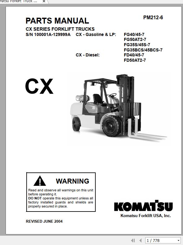 Komatsu Forklift Truck CX Series FGFD40 45 7 FD50AT2 7 Parts Manual PM212 6 1