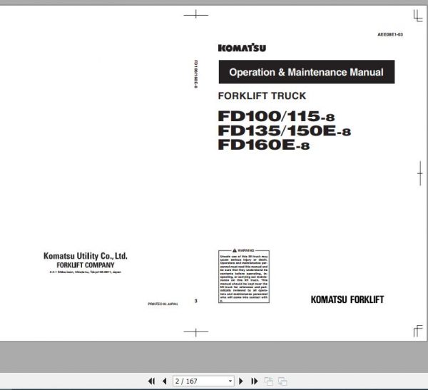 Komatsu Forklift Truck FD100115135150160E 8 Operation Maintenance Manual AEE08E1 03 1