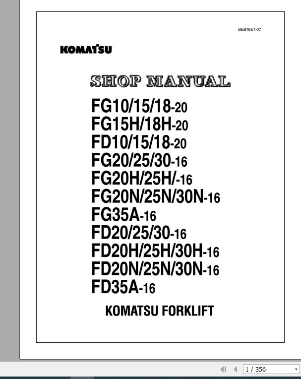 Komatsu Forklift Truck FGFD101518H 20 FDFG20253035AHN 16 Shop Manual BEB16 E1 07 1