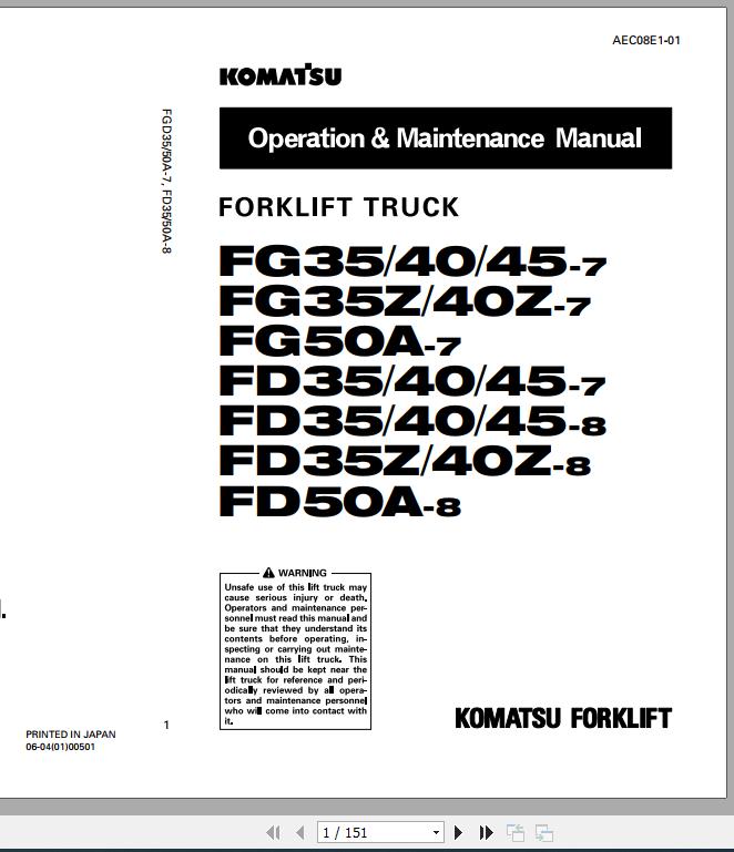 Komatsu Forklift Truck FGFD35404550AZ 7 FD35404550ZA 8 Operation Maintenance Manual AEC08E1 01 1