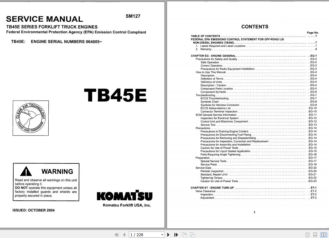 Komatsu Forklift Truck TB45E Series Engine S.N 064005 Service Manual 1