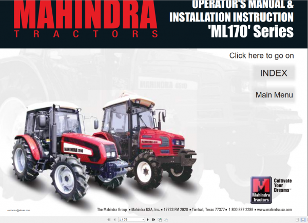 Mahindra Tractor ML170 Series Operators Manuals Installation Instruction 1