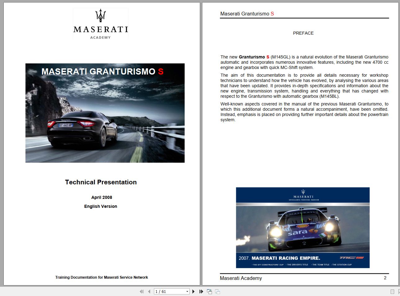 Maserati Granturismo S Academy 2008 Training Manual 1