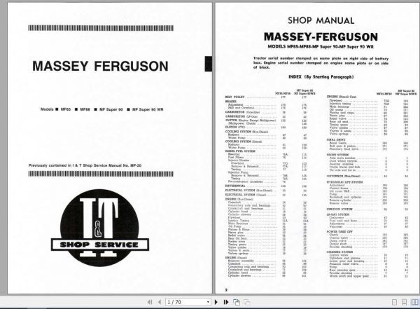 Massey Ferguson Tractors MF 85 88 Super 90 Shop Manual 1