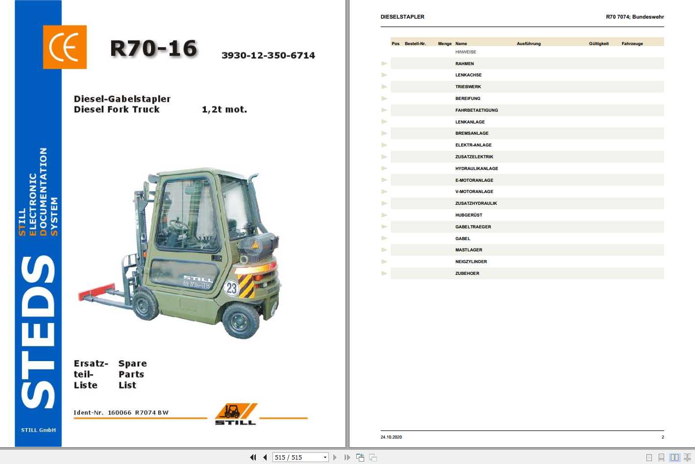 Still Diesel Fork Truck R70 16 12t mot R7074 BUNDESWEHR Spare Parts List DE 1