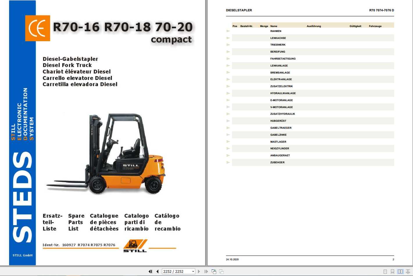 Still Diesel Fork Truck R70 16 R70 18 R70 20 Compact R7074 R7076 Spare Parts List DE 1