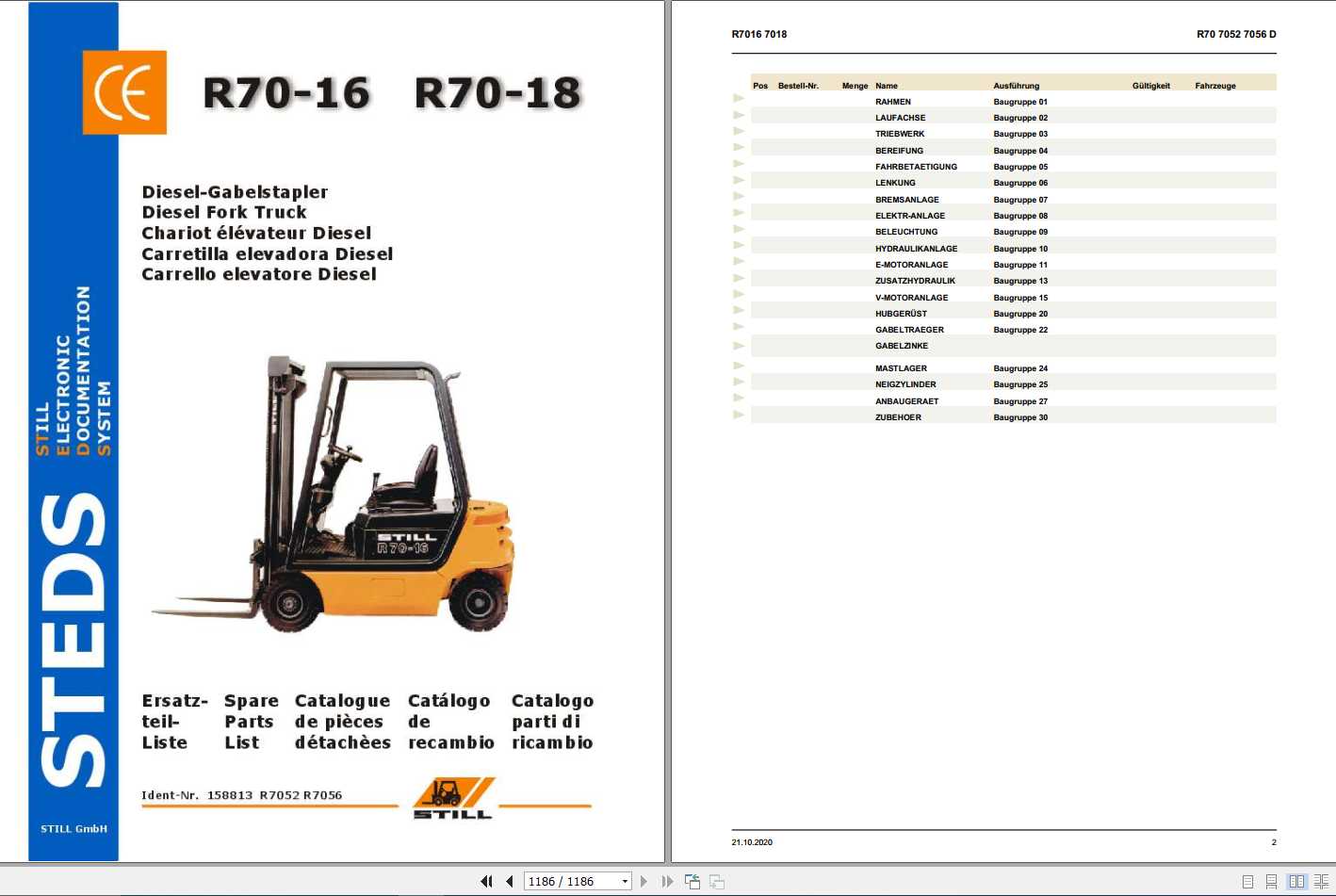 Still Diesel Fork Truck R70 16 R70 18 R7052 R7056 Spare Parts List DE 1