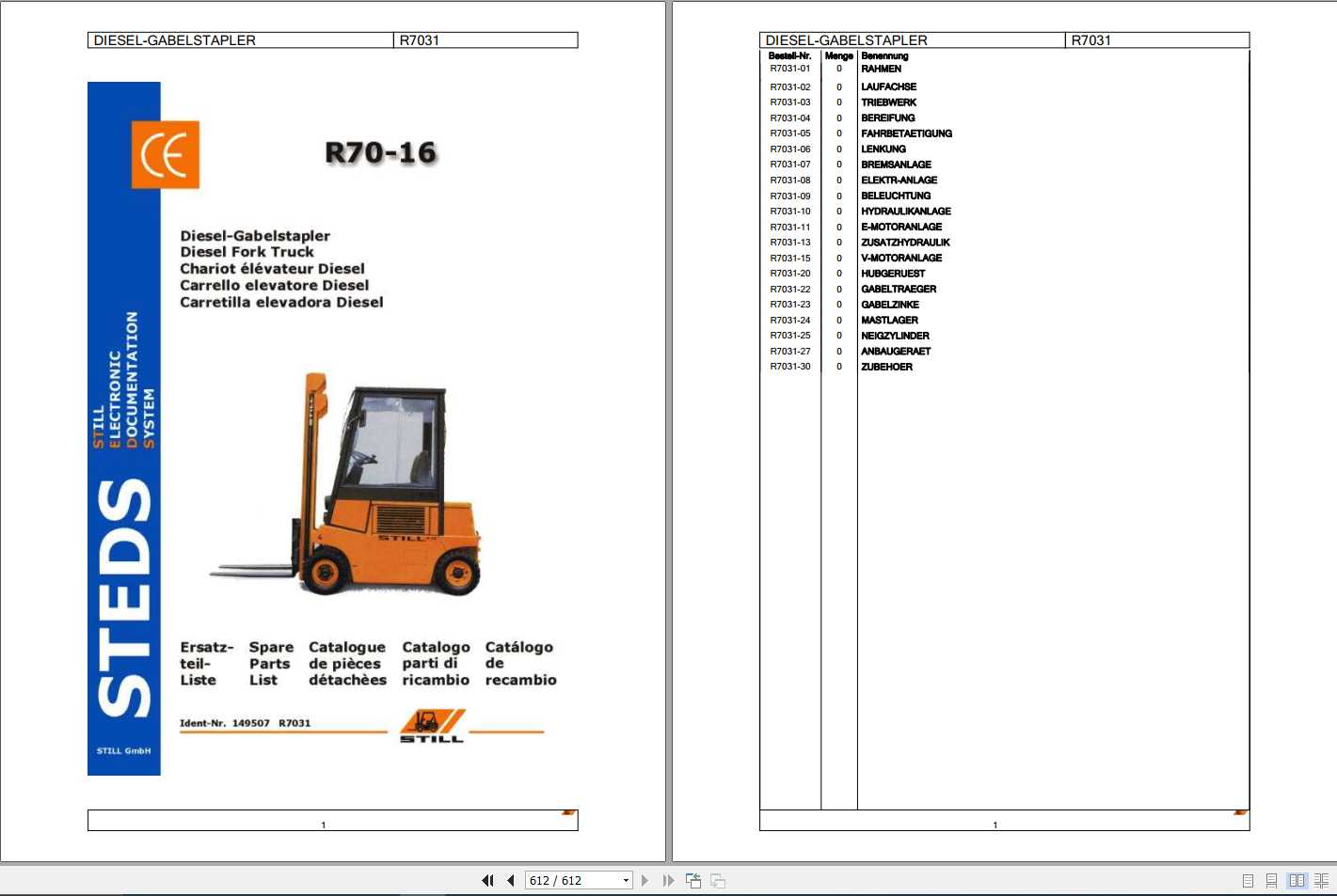 Still Diesel Fork Truck R70 16 R7031 Spare Parts List DE 1