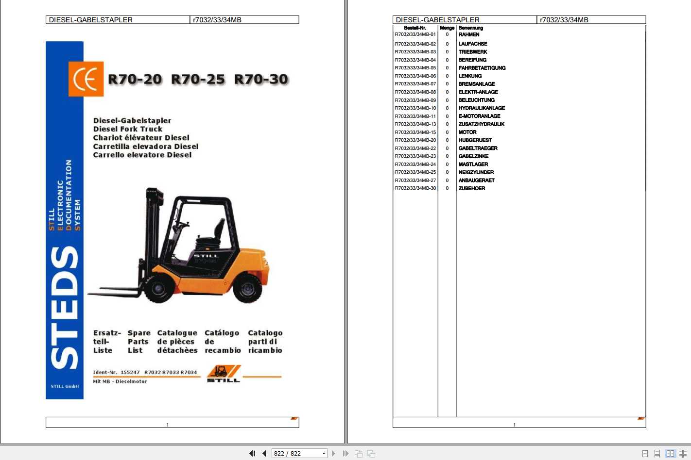 Still Diesel Fork Truck R70 20 R70 25 R70 30 R7032 R7034MB Spare Parts List DE 1