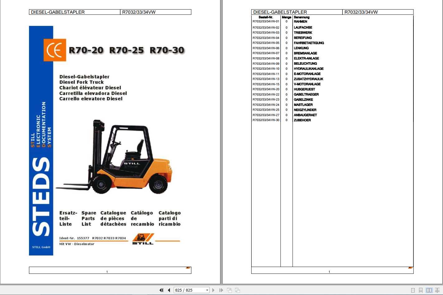 Still Diesel Fork Truck R70 20 R70 25 R70 30 R7032 R7034VW Spare Parts List DE 1