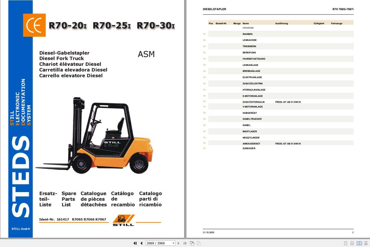 Still Diesel Fork Truck R70 20I R70 25I R70 30I R7065 R7067 Spare Parts List DE 1