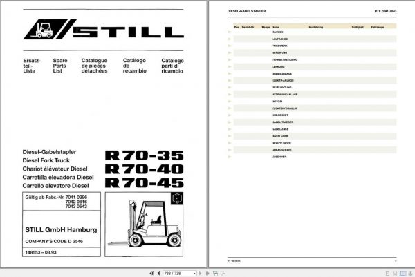 Still Diesel Fork Truck R70 35 R70 40 R70 45 R7041 R7043 Spare Parts List DE 1