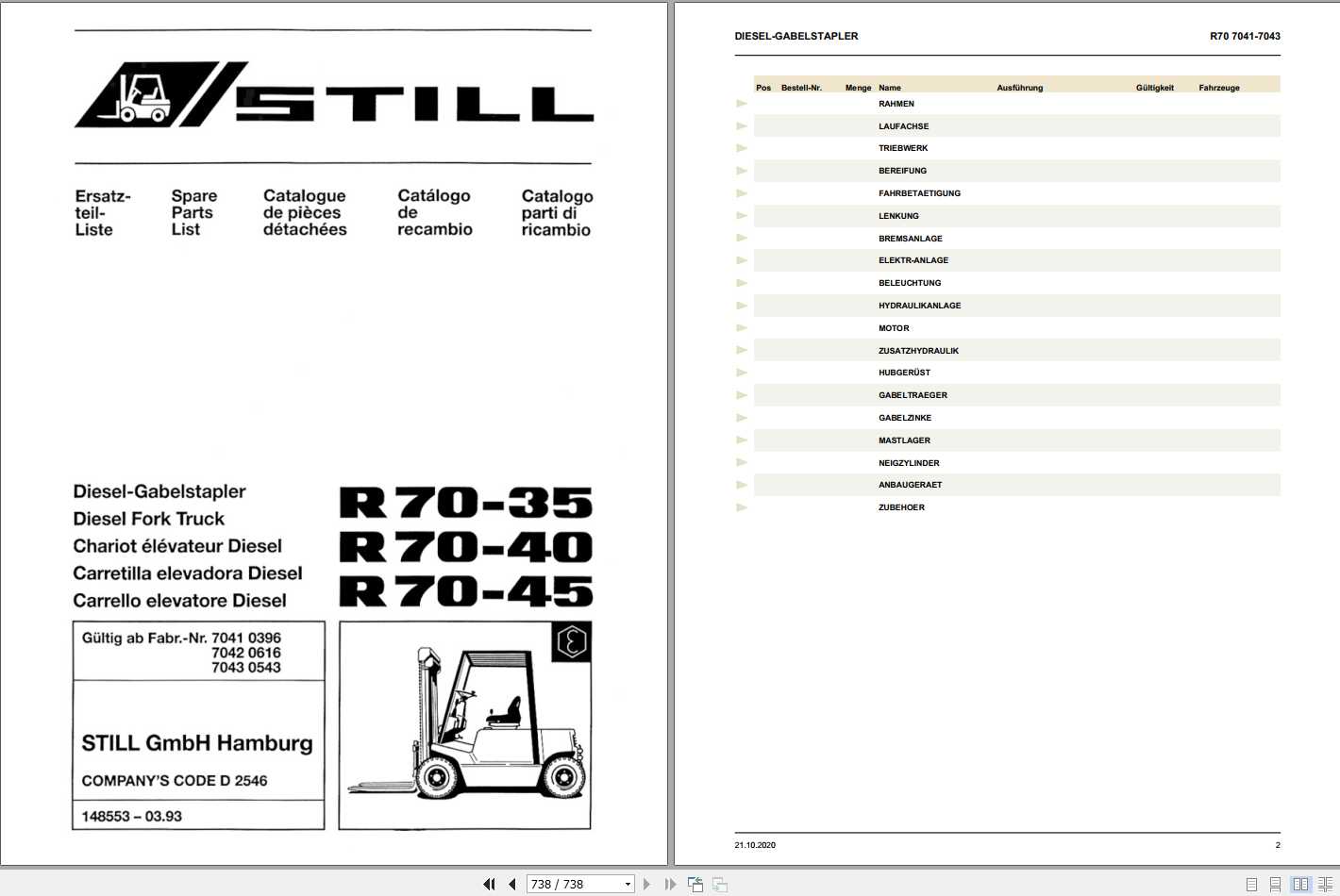 Still Diesel Fork Truck R70 35 R70 40 R70 45 R7041 R7043 Spare Parts List DE 1